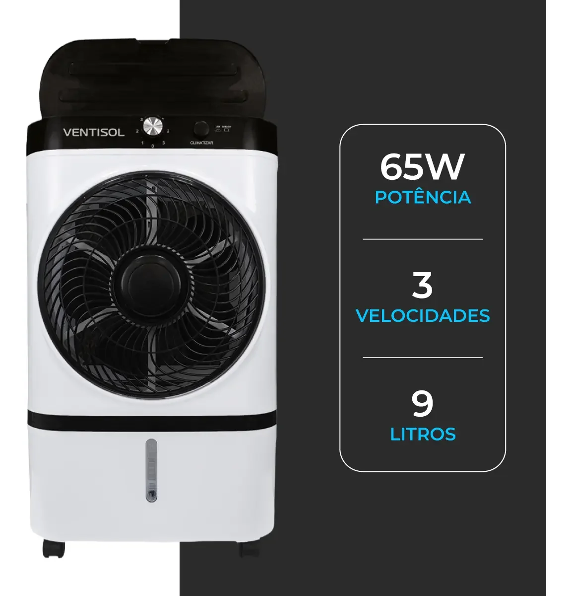 Climatizador De Ar 9l Evaporativo Portátil Com Filtro Colmeia, Gelo, Silencioso, 65w Ou Baixo Consumo Para Ambientes Até 30m²