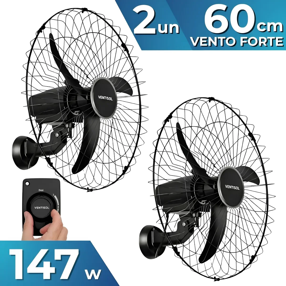 Kit 2 Ventilador Osc Parede 60cm 3pás Preto 127/220