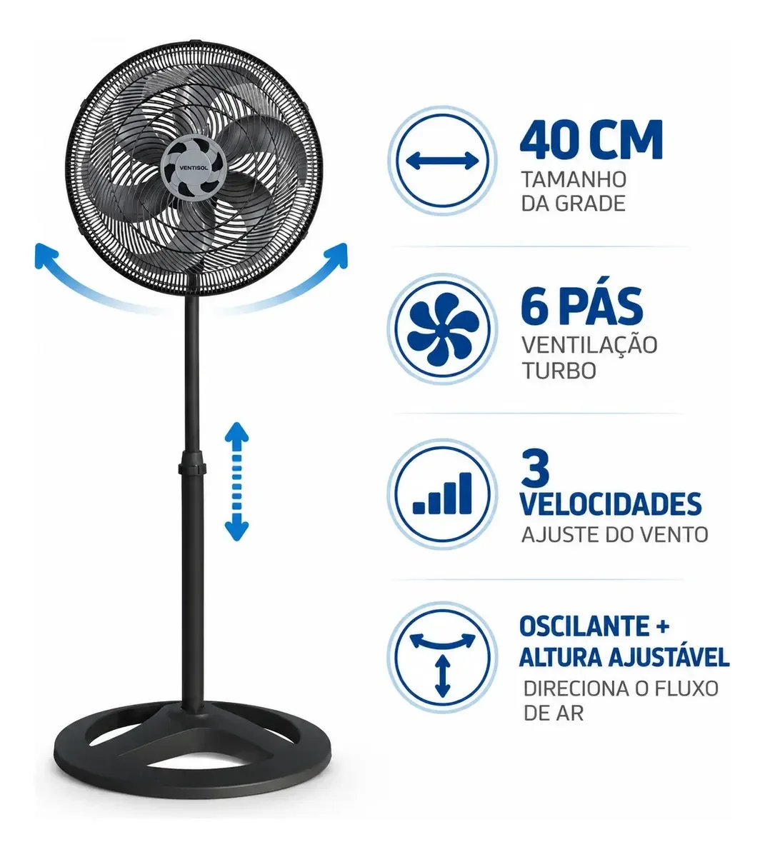 Ventilador de Coluna Turbo 6 Pás Oscilante Cor Preto 40cm