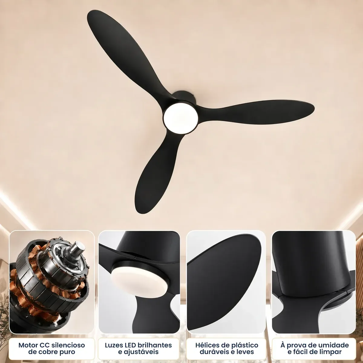Ventilador De Teto 42 Silencioso Com Lâmpada Controle 3pás