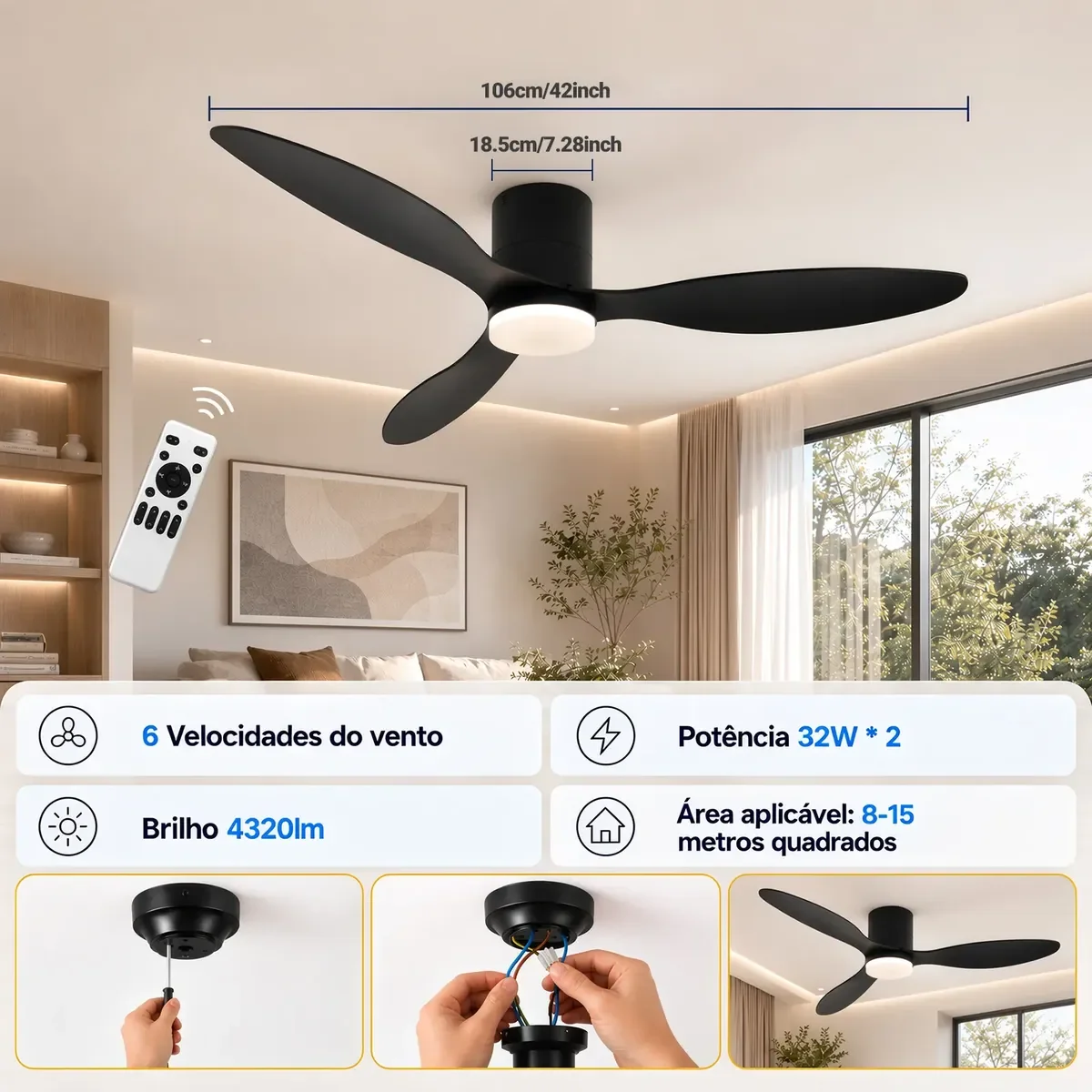 Ventilador De Teto 42 Silencioso Com Lâmpada Controle 3pás
